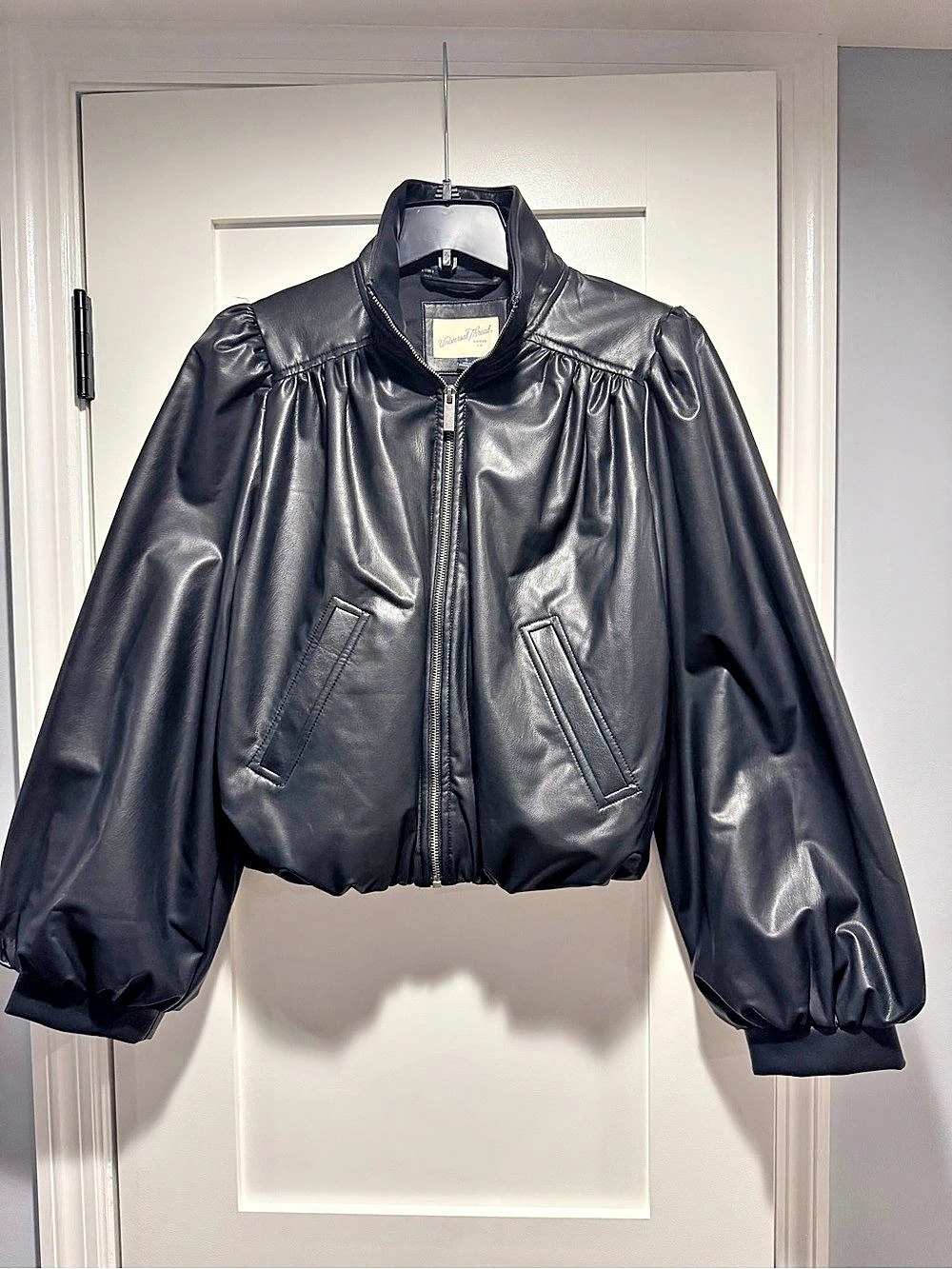 Universal Thread Woman’s Small Gathered Faux-Leather Bomber Black Jacket NWT